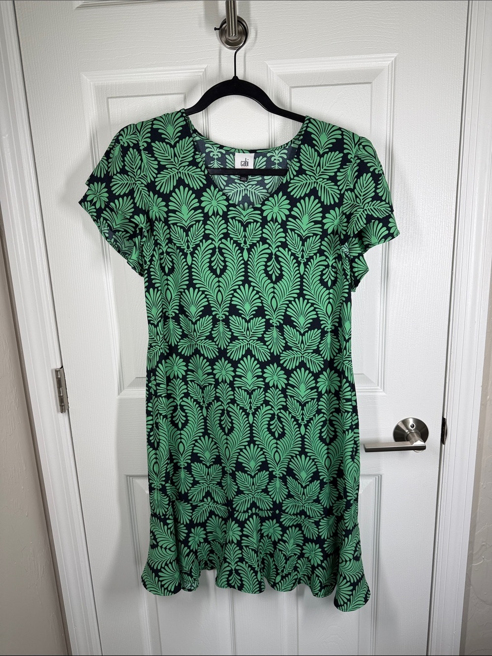 Cabi Palmette dress green and dark navy blue with ruffle accents size small